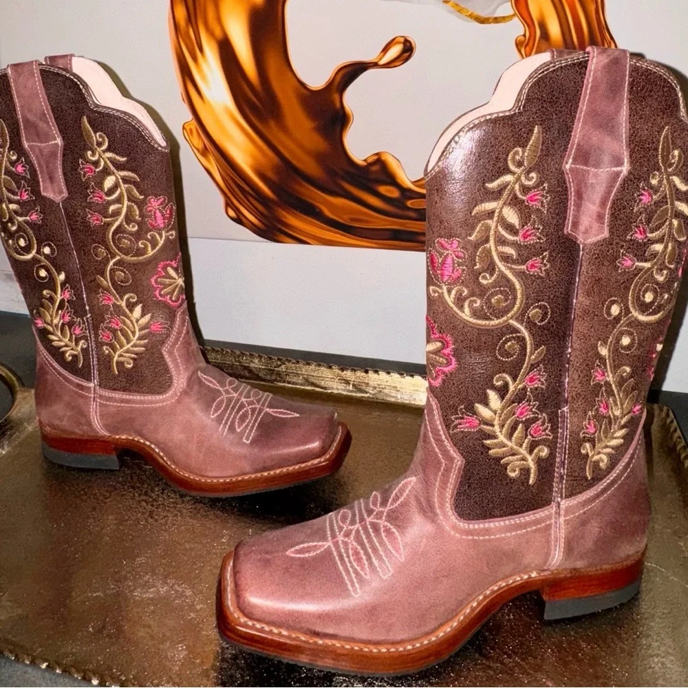 Floral Embroidered Western Boots - Brown and Pink - Picture 1 of 6